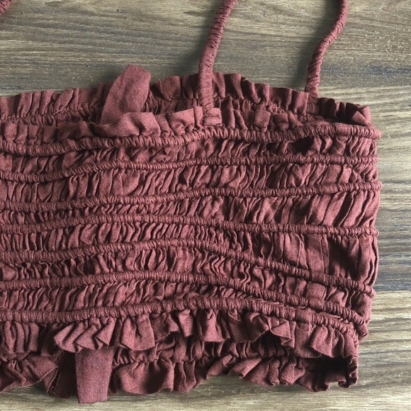NWT Urban Outfitters Chelsea Linen Blend Smocked Ruched Crop Top Tank Brown - Picture 7 of 12